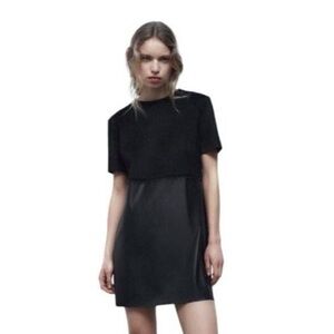 NWT!! ZARA DRESS WITH CONTRAST FAUX LEATHER BLACK